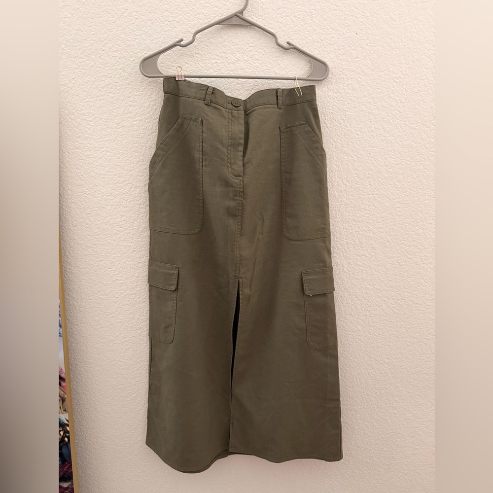 Olive Green Cargo Slitted Long Skirt